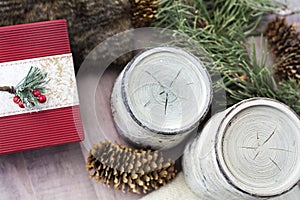 Birch and pine cones with present