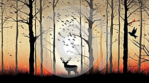 Birch tree with deer and birds silhouette background.