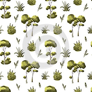 Birch tree seamless pattern. Green birch and green bush