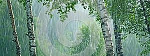 Birch tree in summer in heavy rain storm.