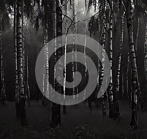 Birch trees in black and white in the rain