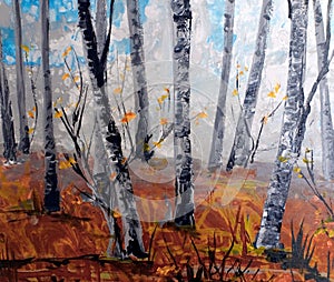 birch trunks against a background of fallen autumn orange foliage oil painting