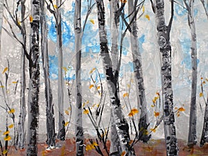 birch trunks against a background of fallen autumn orange foliage oil painting