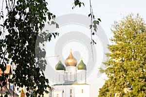 Birch twigs and russian cathedral on background