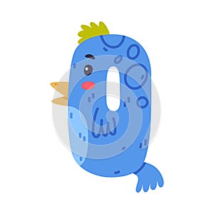 Bird alphabet Q capital letter. Blue consonant letter with eyes, beak and wings cute cartoon vector illustration