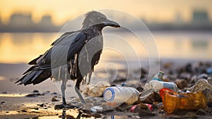 Bird Amidst Plastic Pollution on Beach