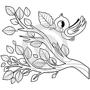 Bird in autumn tree branch with dry leaves. Vector black and white coloring page