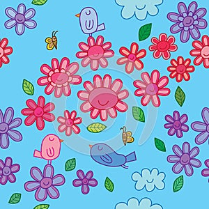 Bird bee flower leaf cloud diagonal seamless pattern