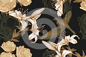 Bird on a black floral background of lilies and roses. Seamless pattern, vector illustration