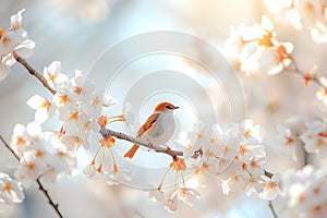 bird on a blooming apple tree branch, bright colors of nature, delicate apple tree flowers, spring Awakening,