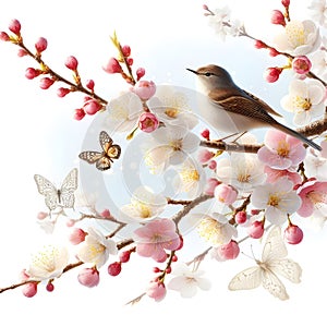 bird on a blooming apple tree branch, bright colors of nature, delicate apple tree flowers, spring Awakening,