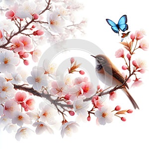 bird on a blooming apple tree branch, bright colors of nature, delicate apple tree flowers, spring Awakening,