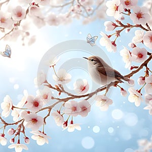 bird on a blooming apple tree branch, bright colors of nature, delicate apple tree flowers, spring Awakening,