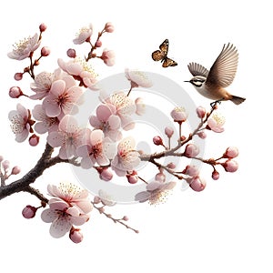 bird on a blooming apple tree branch, bright colors of nature, delicate apple tree flowers, spring Awakening,