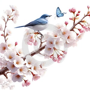 bird on a blooming apple tree branch, bright colors of nature, delicate apple tree flowers, spring Awakening,