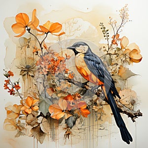 bird Botanical Scrapbook Sketches flowers illustration collage postcard print bouquet