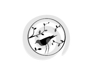 Birds on branch, circle metal art , vector. Birds silhouettes on wire isolated on white background. Black and white wall decals