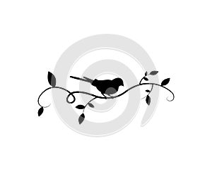 Bird on branch and flying bird silhouette, vector