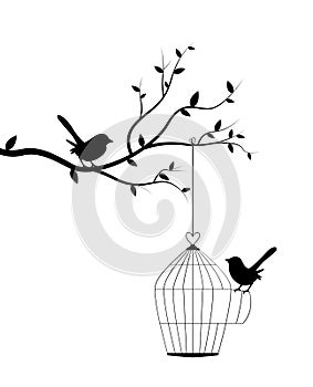 Bird on branch with bird cage with open door  vector. Two birds silhouettes isolated on white background