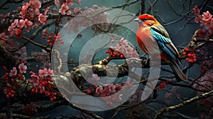 Bird on branch covered in pink flowers, dark and moody