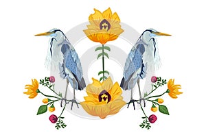 Bird on branch with flowers isolated on white background. Beautiful flowers and colorful birds. Two heron and plant ornament.