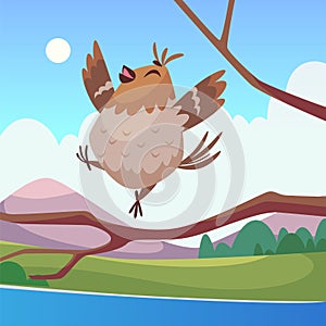 Bird on branch. happy sparrow sing song on tree outdoor cartoon background