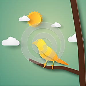 Bird on branch, paper art style