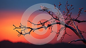 A bird on a branch in sunset sky