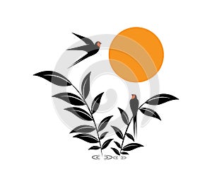 Bird on Branch on sunset, Vector. Scandinavian minimalist art design. Poster design, wall art, artwork. Barn Swallow Silhouette