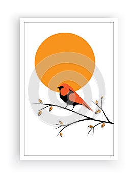 Bird on Branch on sunset, Vector. Scandinavian minimalist art design. Poster design, wall art, artwork. Robin Bird Silhouette