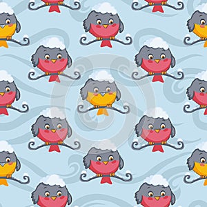 Bird bullfinch and tomtit seamless pattern vector. Winter background.