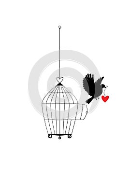 Bird cage and flying bird silhouette isolated on white background, vector