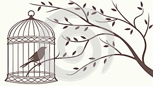 Bird cage with bird on branch illustration, vector design Generative AI