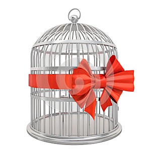 Bird cage with red bow and ribbon, 3D rendering