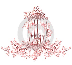 Bird cage among sakura tree branches