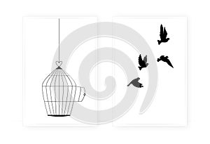 Bird cage silhouette hanging and flying birds silhouettes isolated on white background