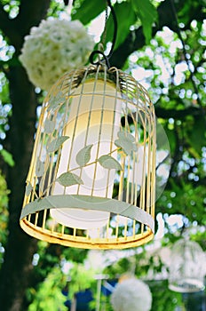 Bird cage with spring blossom and fruit flowers Wedding decorations with copy space