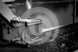 Bird cages used to release captured birds at a Buddhist temple i