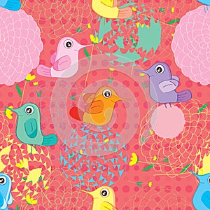 Bird Colorful Circle Flower Seamless Pattern