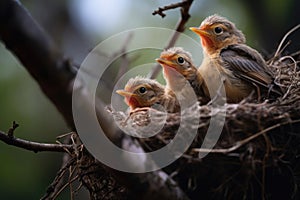 Bird Day, small chicks in a nest, a birds nest in a tree