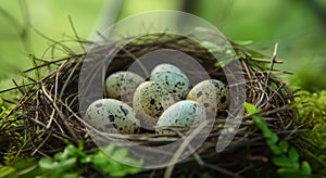 Bird eggs nestled in a natural nest among greenery