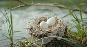 Bird eggs nestled in a natural nest by the lakeside