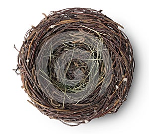 Bird empty nest up above view on white.