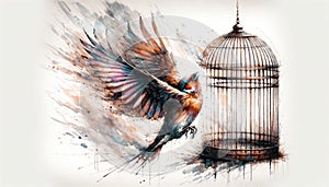Bird Escaping from a Rusty Cage