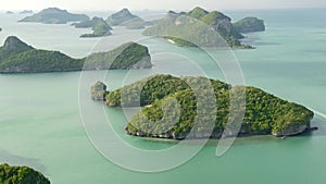 Bird eye panoramic aerial top view of Islands in ocean at Ang Thong National Marine Park near touristic Samui paradise tropical