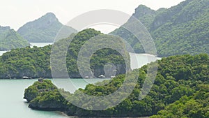 Bird eye panoramic aerial top view of Islands in ocean at Ang Thong National Marine Park near touristic Samui paradise tropical