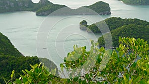 Bird eye panoramic aerial top view of Islands in ocean at Ang Thong National Marine Park near touristic Samui paradise tropical