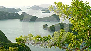 Bird eye panoramic aerial top view of Islands in ocean at Ang Thong National Marine Park near touristic Samui paradise tropical