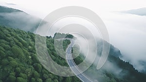A bird eye scenery view of a winding road cutting turns through clouds of serpentine a dense forest , mountain landscape.Top Down