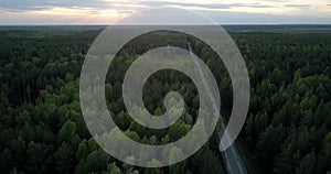 Bird eye view boundless evergreen wood and modern road